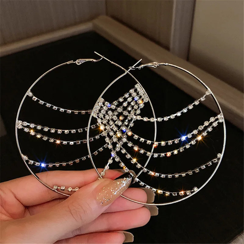 Hyperbole Metal round Crystal Chain Hoop Earrings for Women Vintage Personality Large Ear Hoop Statement Jewelry