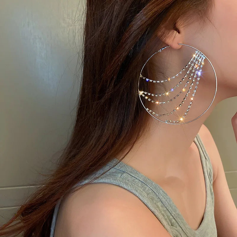 Hyperbole Metal round Crystal Chain Hoop Earrings for Women Vintage Personality Large Ear Hoop Statement Jewelry