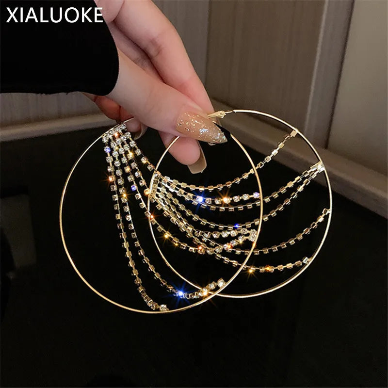 Hyperbole Metal round Crystal Chain Hoop Earrings for Women Vintage Personality Large Ear Hoop Statement Jewelry