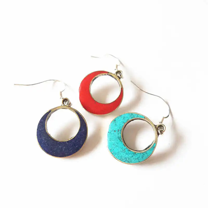 E128 Ethnic Vintage Earring Circle Charm Earrings Nepal Lovely Moon Ear Ring