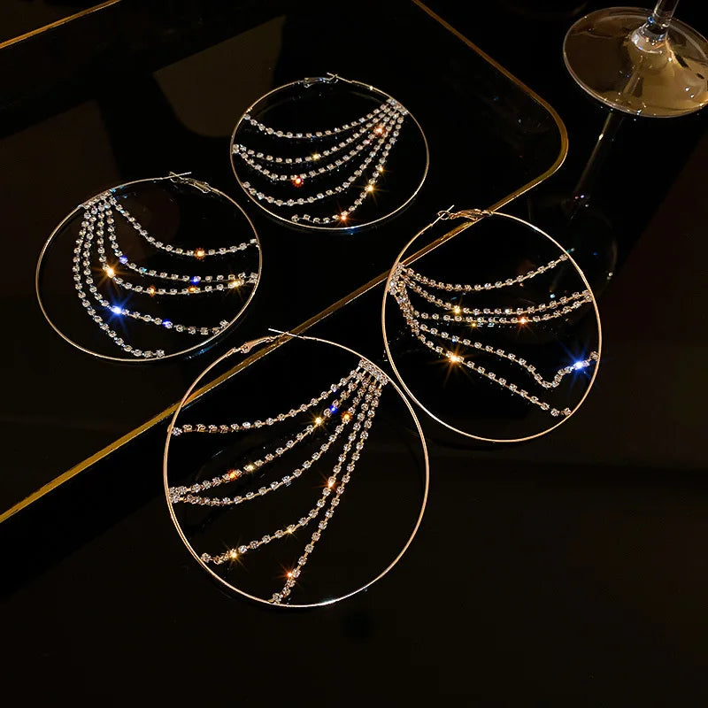 Hyperbole Metal round Crystal Chain Hoop Earrings for Women Vintage Personality Large Ear Hoop Statement Jewelry