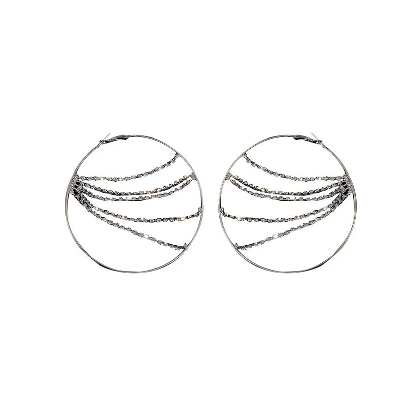 Hyperbole Metal round Crystal Chain Hoop Earrings for Women Vintage Personality Large Ear Hoop Statement Jewelry