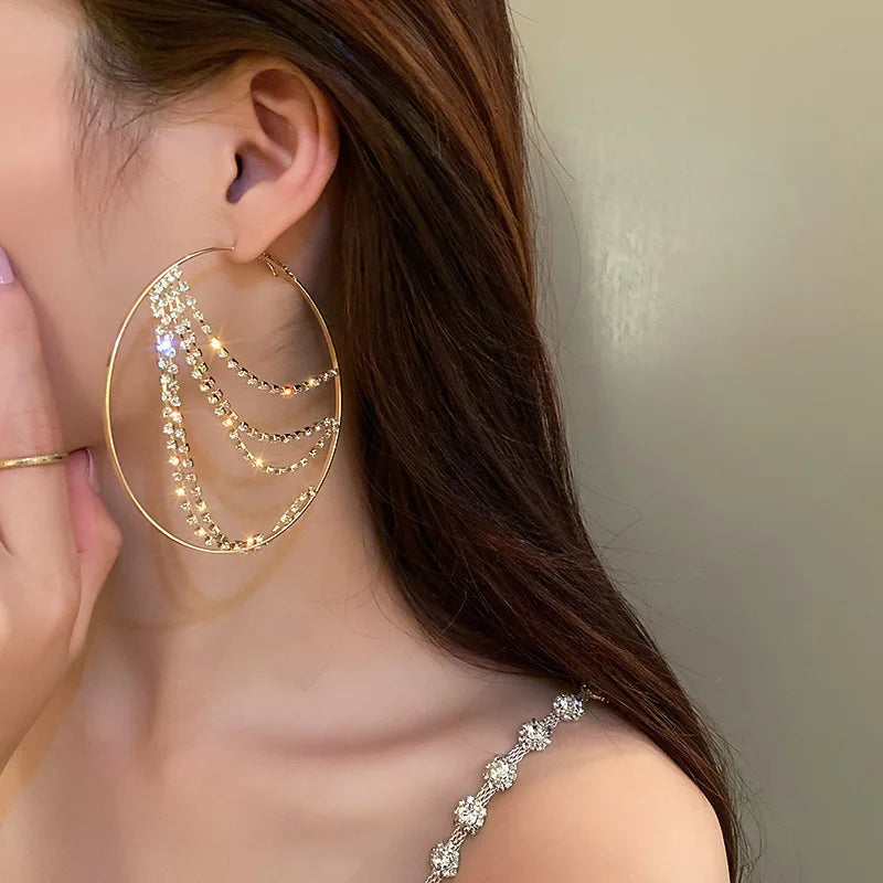 Hyperbole Metal round Crystal Chain Hoop Earrings for Women Vintage Personality Large Ear Hoop Statement Jewelry