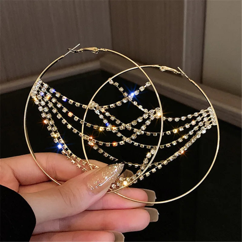 Hyperbole Metal round Crystal Chain Hoop Earrings for Women Vintage Personality Large Ear Hoop Statement Jewelry